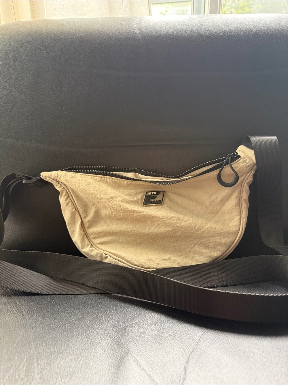 Beige Canvas Belt Bag with Black Strap